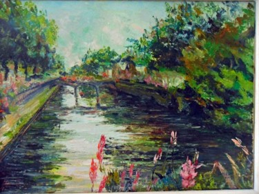 Painting titled "Quimper passerelle…" by Michel Hamelin, Original Artwork, Oil Mounted on Wood Stretcher frame