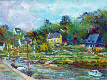 Painting titled "Le port à Pont Aven" by Michel Hamelin, Original Artwork, Oil