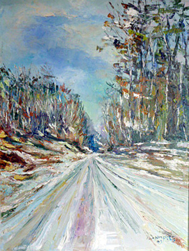 Painting titled "route eneigée" by Michel Hamelin, Original Artwork, Oil