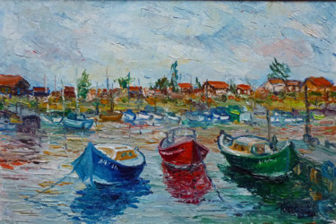 Peinture intitulée "le port de La teste…" par Michel Hamelin, Œuvre d'art originale, Huile