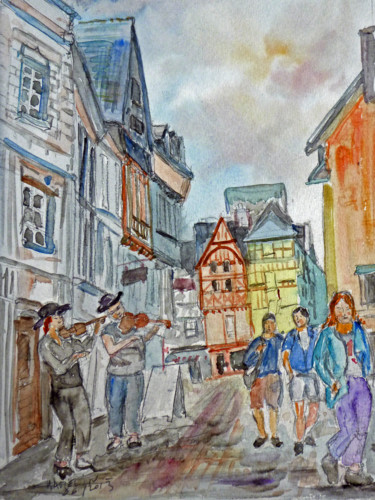 Schilderij getiteld "musiciens de rue" door Michel Hamelin, Origineel Kunstwerk, Aquarel