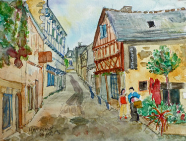 Картина под названием "Quimper : la place…" - Michel Hamelin, Подлинное произведение искусства, Акварель