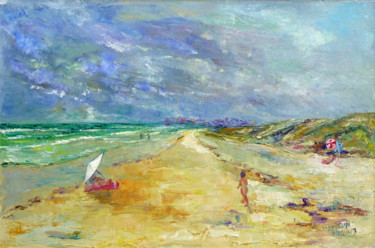 Painting titled "La plage à Tréguenn…" by Michel Hamelin, Original Artwork, Oil Mounted on Wood Stretcher frame