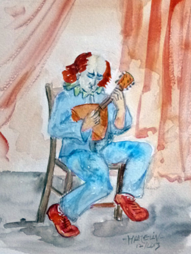 Peinture intitulée "Clown jouant de la…" par Michel Hamelin, Œuvre d'art originale, Aquarelle