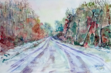 Painting titled "route enneigée" by Michel Hamelin, Original Artwork, Watercolor