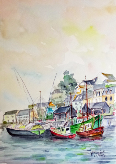 Painting titled "Le port "Rhu"à Doua…" by Michel Hamelin, Original Artwork, Watercolor
