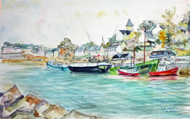 Painting titled "Le port "Rhu"à Doua…" by Michel Hamelin, Original Artwork, Watercolor