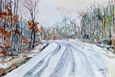 Painting titled "Route enneigée 2" by Michel Hamelin, Original Artwork, Watercolor