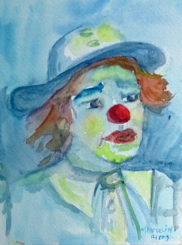Painting titled "clown bleu (2)" by Michel Hamelin, Original Artwork, Watercolor