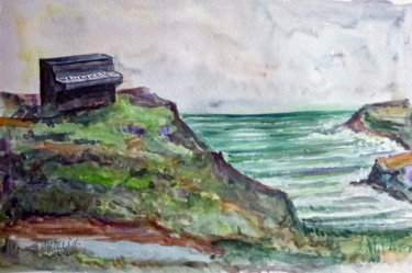 Painting titled "le piano abandonné…" by Michel Hamelin, Original Artwork, Watercolor