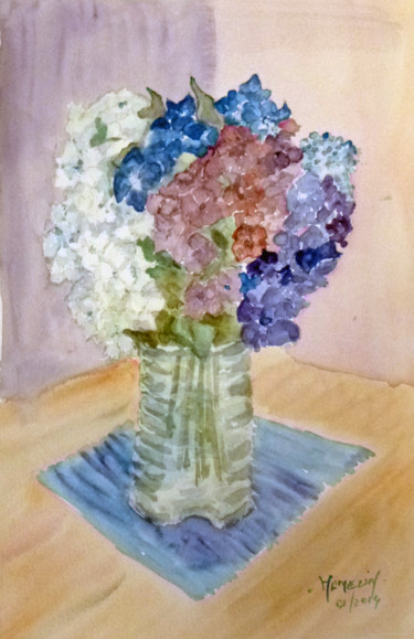 Painting titled "Bouquet d'hortensia…" by Michel Hamelin, Original Artwork, Oil