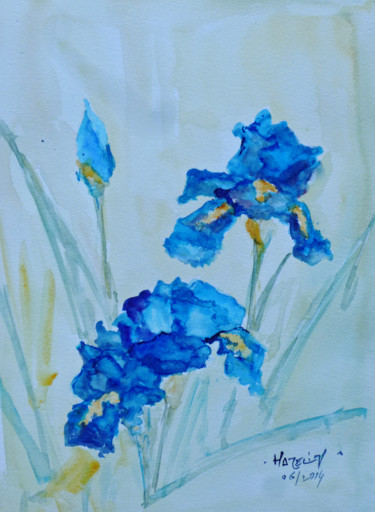 Painting titled "iris-bleus" by Michel Hamelin, Original Artwork, Watercolor