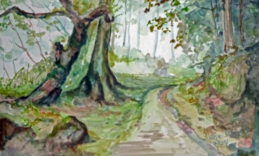 Painting titled "chemin en forêt" by Michel Hamelin, Original Artwork, Watercolor