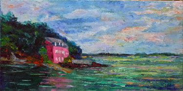 Painting titled "La maison rose sur…" by Michel Hamelin, Original Artwork, Oil