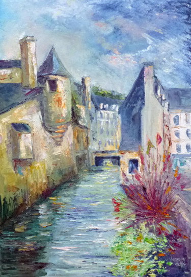 Картина под названием "Quimper : le pont s…" - Michel Hamelin, Подлинное произведение искусства, Масло Установлен на Деревян…