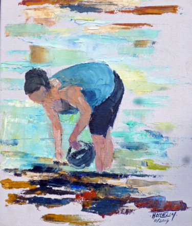 Peinture intitulée "La pêche aux moules" par Michel Hamelin, Œuvre d'art originale, Huile Monté sur Châssis en bois