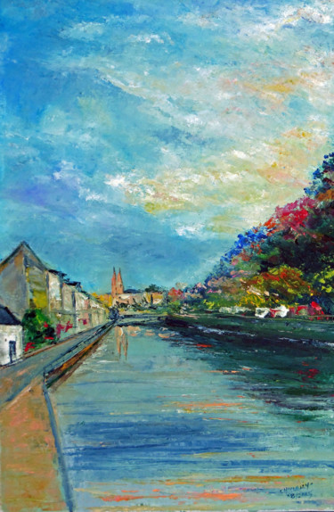 Peinture intitulée "Quimper soleil leva…" par Michel Hamelin, Œuvre d'art originale, Huile Monté sur Châssis en bois