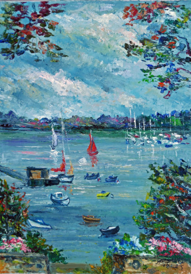 Картина под названием "ste-marine-le-port" - Michel Hamelin, Подлинное произведение искусства, Масло Установлен на Деревянна…