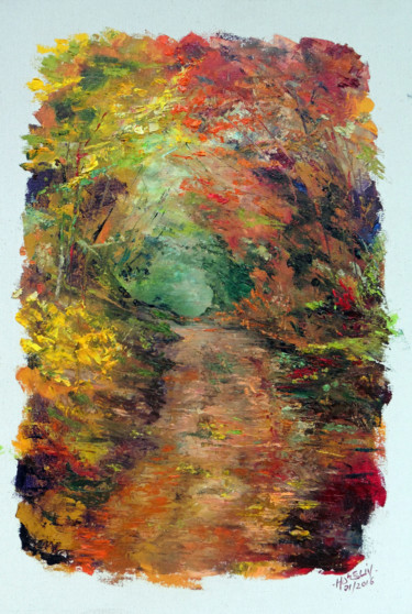Painting titled "chemin d'automne" by Michel Hamelin, Original Artwork, Oil