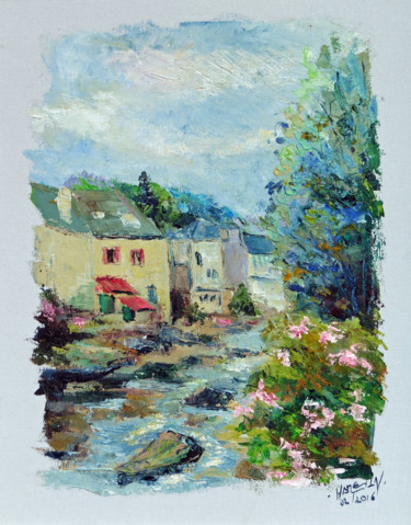 Ζωγραφική με τίτλο "L'Aven à Pont Aven,…" από Michel Hamelin, Αυθεντικά έργα τέχνης, Λάδι Τοποθετήθηκε στο Ξύλινο φορείο σκε…