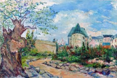 Painting titled "Quimper : le jardin…" by Michel Hamelin, Original Artwork, Oil Mounted on Wood Stretcher frame