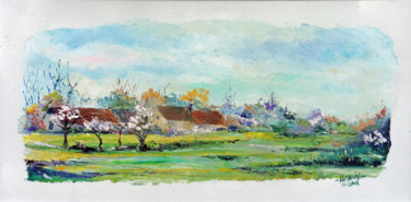 Painting titled "Touraine pommiers e…" by Michel Hamelin, Original Artwork, Oil Mounted on Wood Stretcher frame