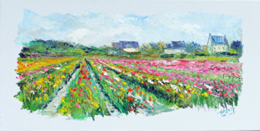 Peinture intitulée "Champs de tulipes à…" par Michel Hamelin, Œuvre d'art originale, Huile Monté sur Châssis en bois