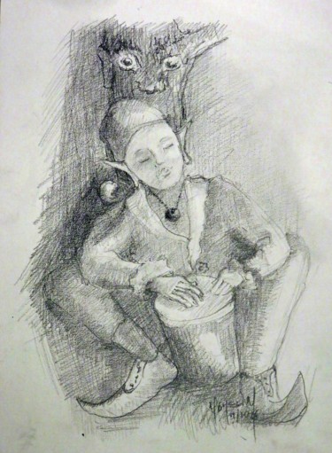 Drawing titled "korrigan-tambourine…" by Michel Hamelin, Original Artwork, Graphite