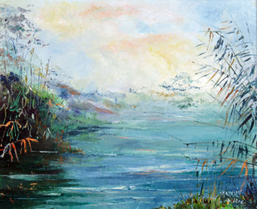 Peinture intitulée "Au bord de l'étang" par Michel Hamelin, Œuvre d'art originale, Huile Monté sur Châssis en bois