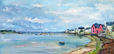 Painting titled "L'Ile Tudy : l'abri…" by Michel Hamelin, Original Artwork, Oil Mounted on Wood Stretcher frame