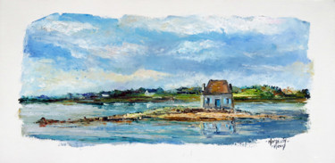 Painting titled "La petite maison à…" by Michel Hamelin, Original Artwork, Oil Mounted on Wood Stretcher frame