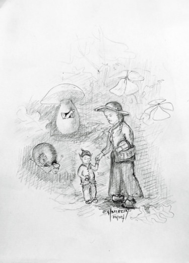 Dessin intitulée "Promenade familiale…" par Michel Hamelin, Œuvre d'art originale, Graphite