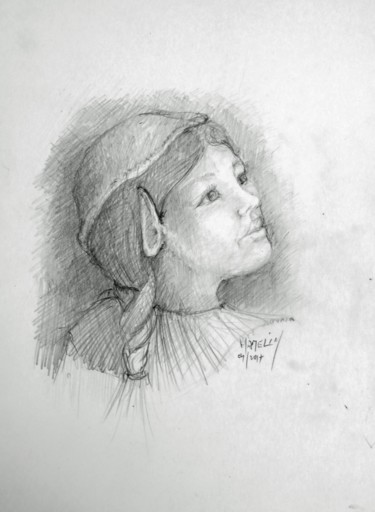 Dessin intitulée "La korrigane tresse" par Michel Hamelin, Œuvre d'art originale, Graphite