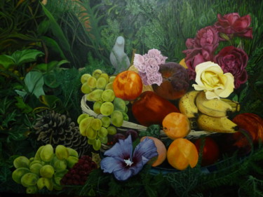 Painting titled "FEUILLES FRUITS FLE…" by Micheline Hanrard Ladoul Mhl., Original Artwork, Oil Mounted on Wood Stretcher fra…