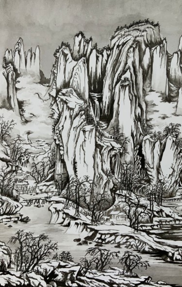 Zeichnungen mit dem Titel "Montagne enneigée." von Michel Kulisa, Original-Kunstwerk, Tinte