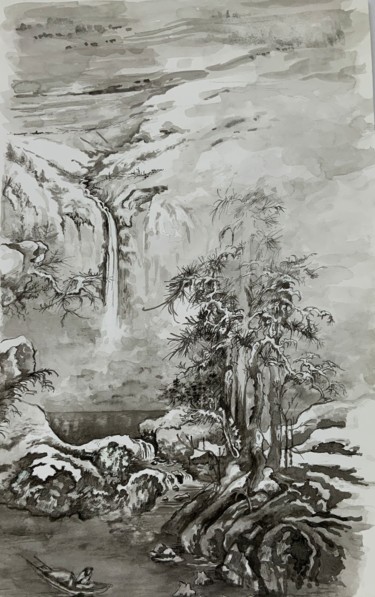 Рисунок под названием "Cascade en montagne." - Michel Kulisa, Подлинное произведение искусства, Чернила