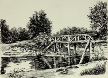 Dessin intitulée "Le vieux pont de bo…" par Michel Kulisa, Œuvre d'art originale, Encre