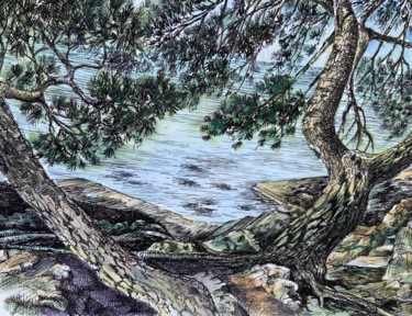 Dessin intitulée "Majorque ,les pins…" par Michel Kulisa, Œuvre d'art originale, Encre