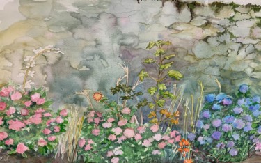 Painting titled "Au jardin fleuri." by Michel Kulisa, Original Artwork, Watercolor