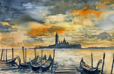 Pittura intitolato "Crépuscule  à Venise" da Michel Kulisa, Opera d'arte originale, Acquarello