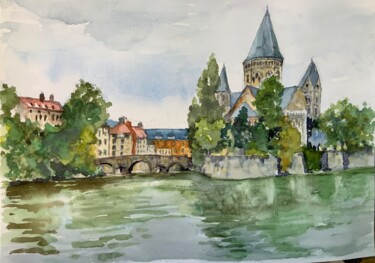 Painting titled "METZ Le temple prot…" by Michel Kulisa, Original Artwork, Watercolor