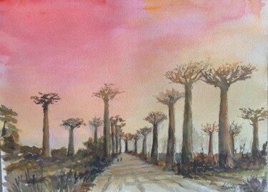 Painting titled "Allée des baobabs.…" by Michel Kulisa, Original Artwork, Watercolor
