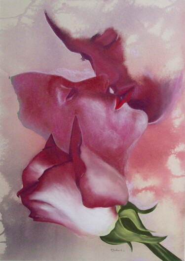 Painting titled "rose-baiser." by Michelle Dechaud, Original Artwork, Pastel