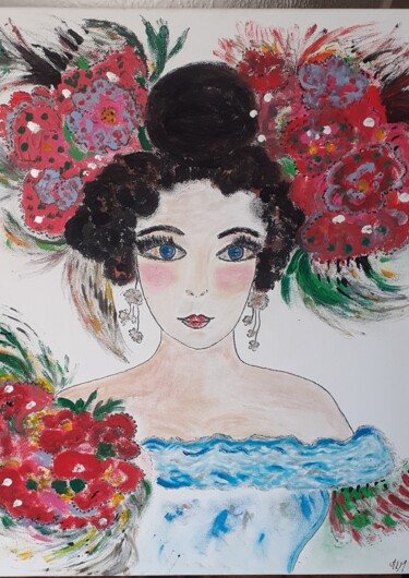 Painting titled "femme et fleurs" by Michelle Mata, Original Artwork, Acrylic