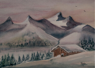 Картина под названием "L'hiver en montagne" - Michelle Thébault (Farane), Подлинное произведение искусства, Акварель