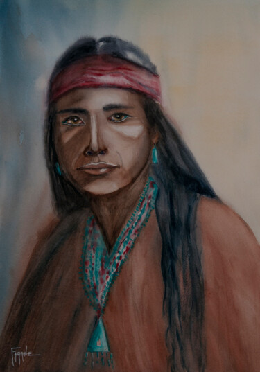 Картина под названием "Amérindien Navajo j…" - Michelle Thébault (Farane), Подлинное произведение искусства, Акварель