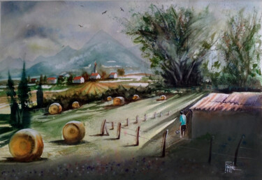 Painting titled "Paysage campagnard" by Michelle Thébault (Farane), Original Artwork, Watercolor