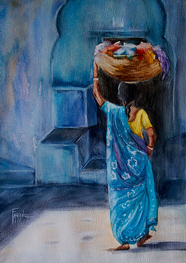 Painting titled "lavandiere-Inde" by Michelle Thébault (Farane), Original Artwork, Watercolor