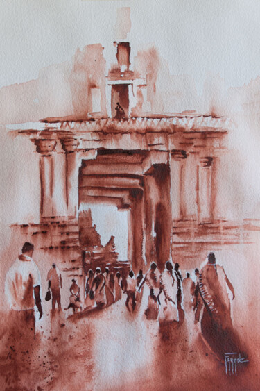 Pintura intitulada "Temple Indien" por Michelle Thébault (Farane), Obras de arte originais, Aquarela