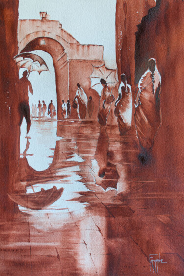 Peinture intitulée "Inde, la rue" par Michelle Thébault (Farane), Œuvre d'art originale, Aquarelle